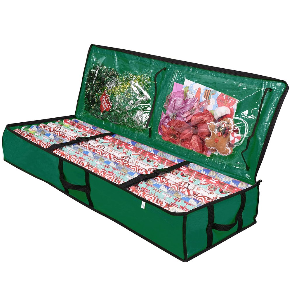 ProPik Wrapping Paper Storage Containers | Gift Wrap Organizer Under Bed 41x14x6 Fits 18-24 Rolls Fit Up to 40 Long Roll Wrap Storage Box Holder with Pockets for Ribbon Bows Etc (Green)