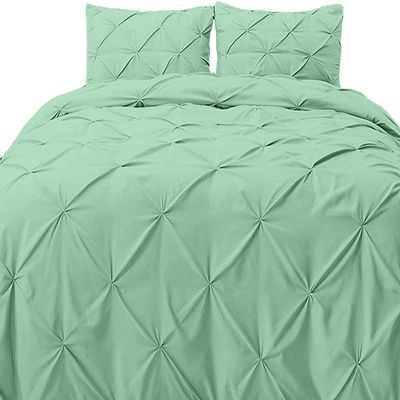 Aqua Blue Pinch Pleated Pintuck Design Bedding 1pcs Oversize Queen Duvet Cover Set Cotton with Corner Ties Comter Cover Oversize Queen (98 x 98) All Season