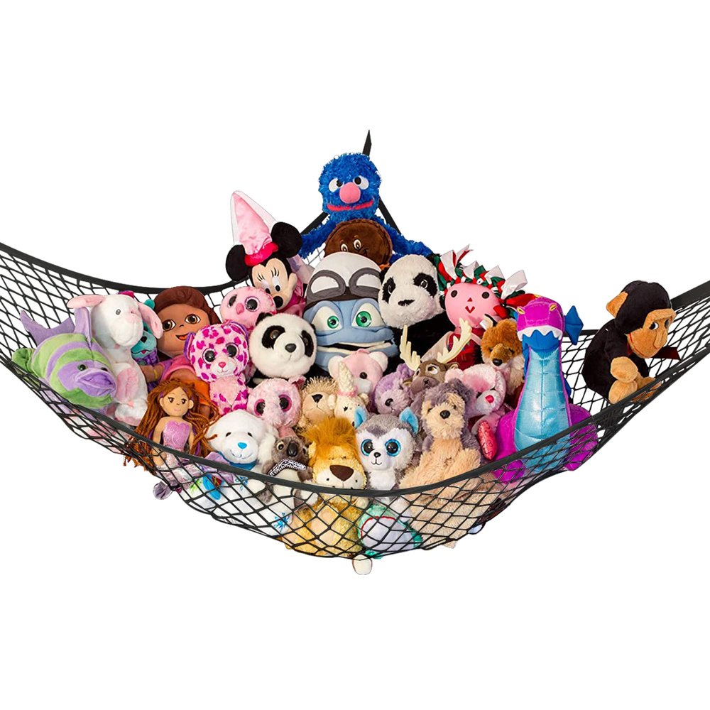 Stuffed Animal Hammock, Large | Corner Stuffed Animal Storage & Plushie Net | Toy Hammock for Stuffed Animals | Holds 12lbs | Easy Hang, All Hardware Included | Black Bedroom Decor | by Lilly's Love