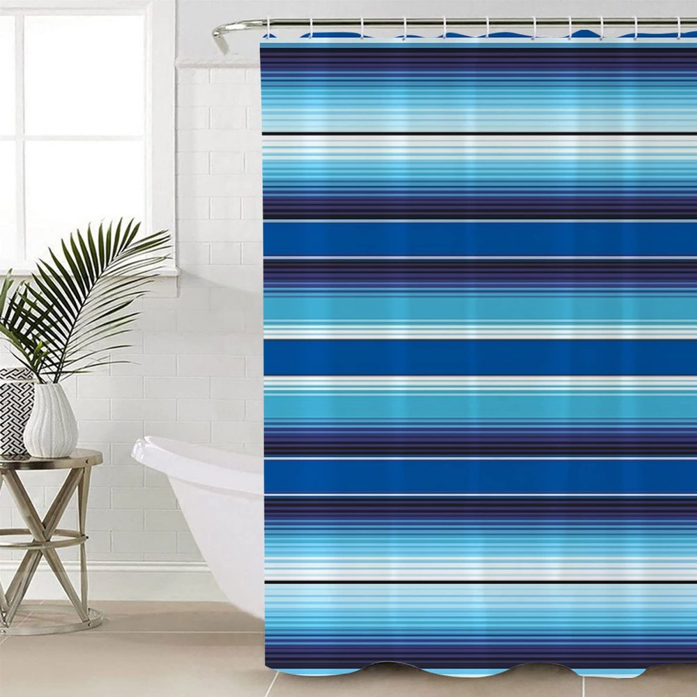 Pinroote Blue Ombre Stripes Shower Curtain, Stall Shower Curtains for Bathroom/Bathtub, Mexican Ethnic Boho Serape Abstract Art Waterproof Fabric Shower Curtain Set with 12 Hooks, 36" x 78"