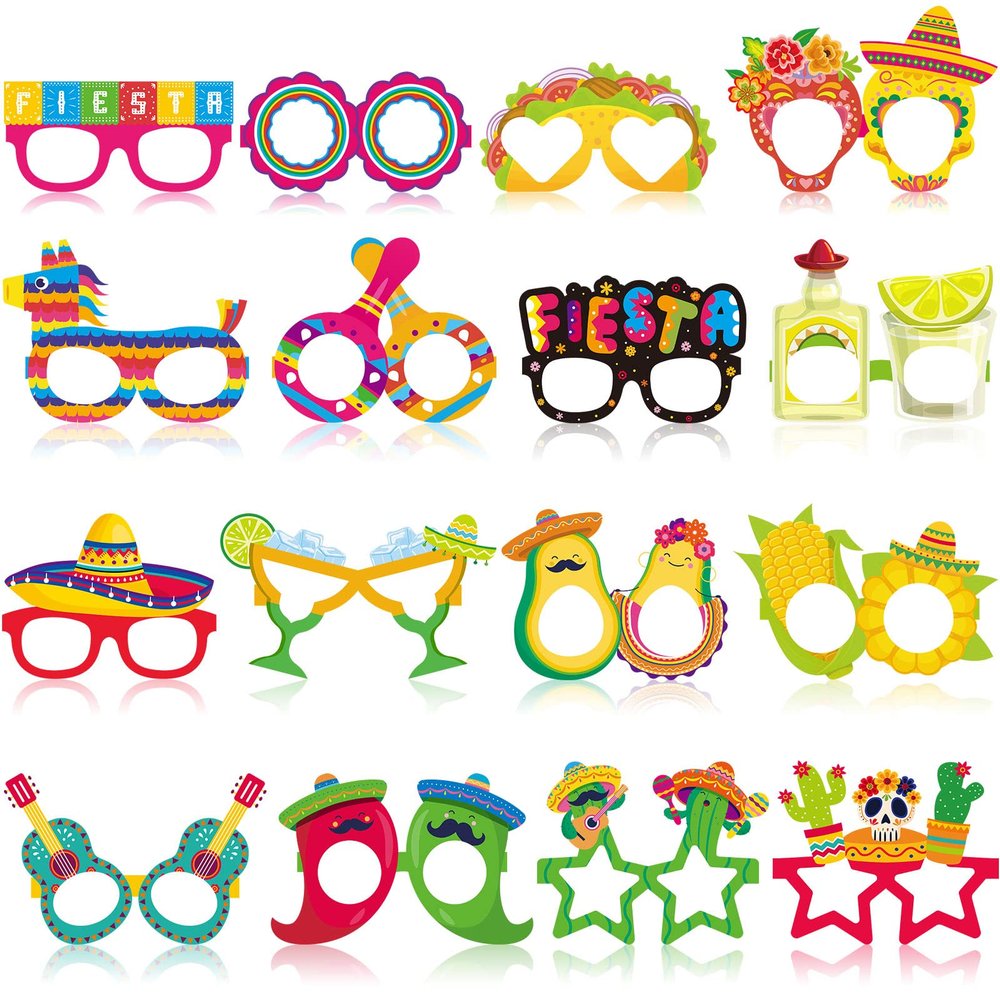 Honoson 32 Pcs Mexican Fiesta Party Decorations Paper Eyeglasses Taco Cactus Pinata Cinco De Mayo Costume Photo Booth Props Supplies for Taco Twosday Birthday Let's Fiesta Favor