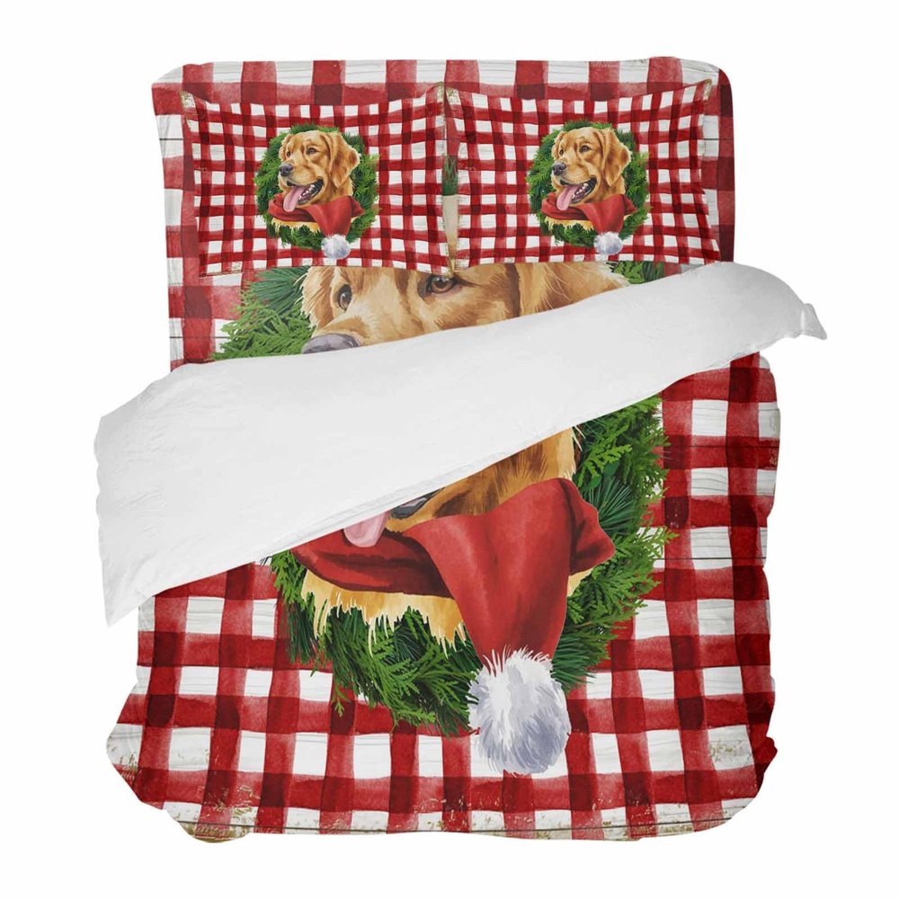 4 Piece California King Christmas Golden Retriever Dog Pine Wreath Breathable Comforter Covers Ultra Soft Bed Sheet with Decoretive 2 Pillow Shams Bedding Collection Sets Classic Buffalo Check