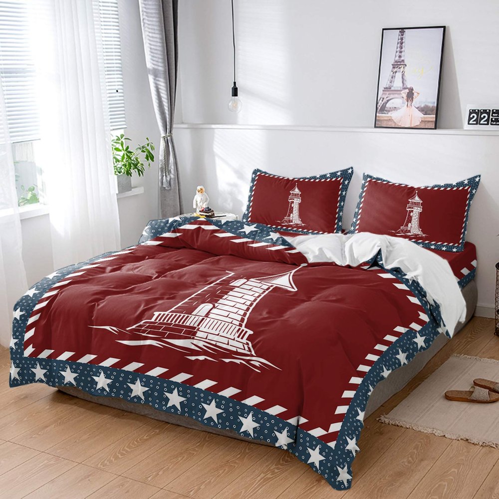 4 Piece California King American Stars Ocean Nautical Lighthouse Breathable Comforter Covers Ultra Soft Bed Sheet with Decoretive 2 Pillow Shams Bedding Collection Sets Striped Border Wave Points