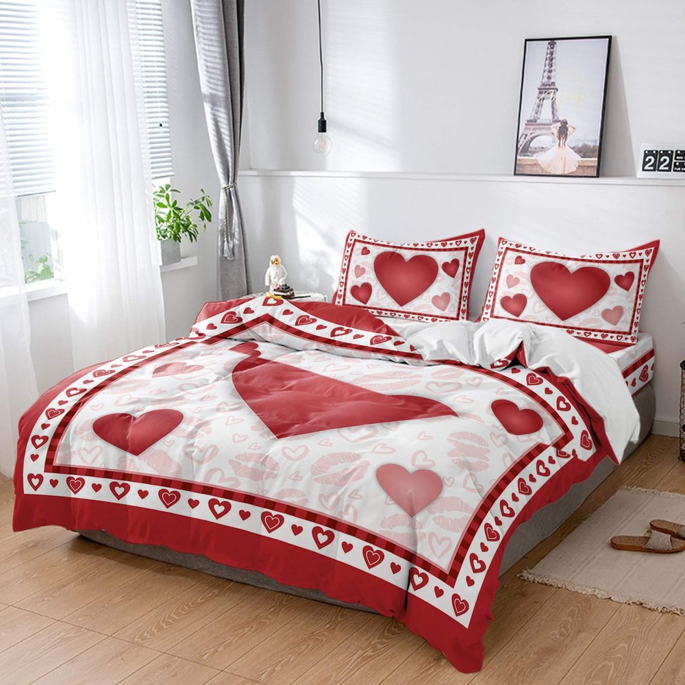 4 Piece California King Romantic Love Valentine's Day Breathable Comforter Covers Ultra Soft Bed Sheet with Decoretive 2 Pillow Shams Bedding Collection Sets Sweet Heart on Red