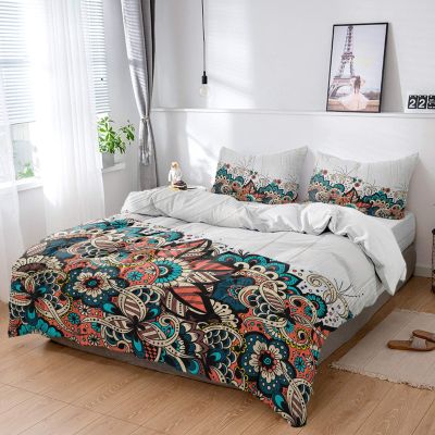 4 Piece Full Vintage Ethnic Mandala Flower Wood Grain Breathable Comforter Covers Ultra Soft Bed Sheet with Decoretive 2 Pillow Shams Bedding Collection Sets Blossom Bohemian Floral