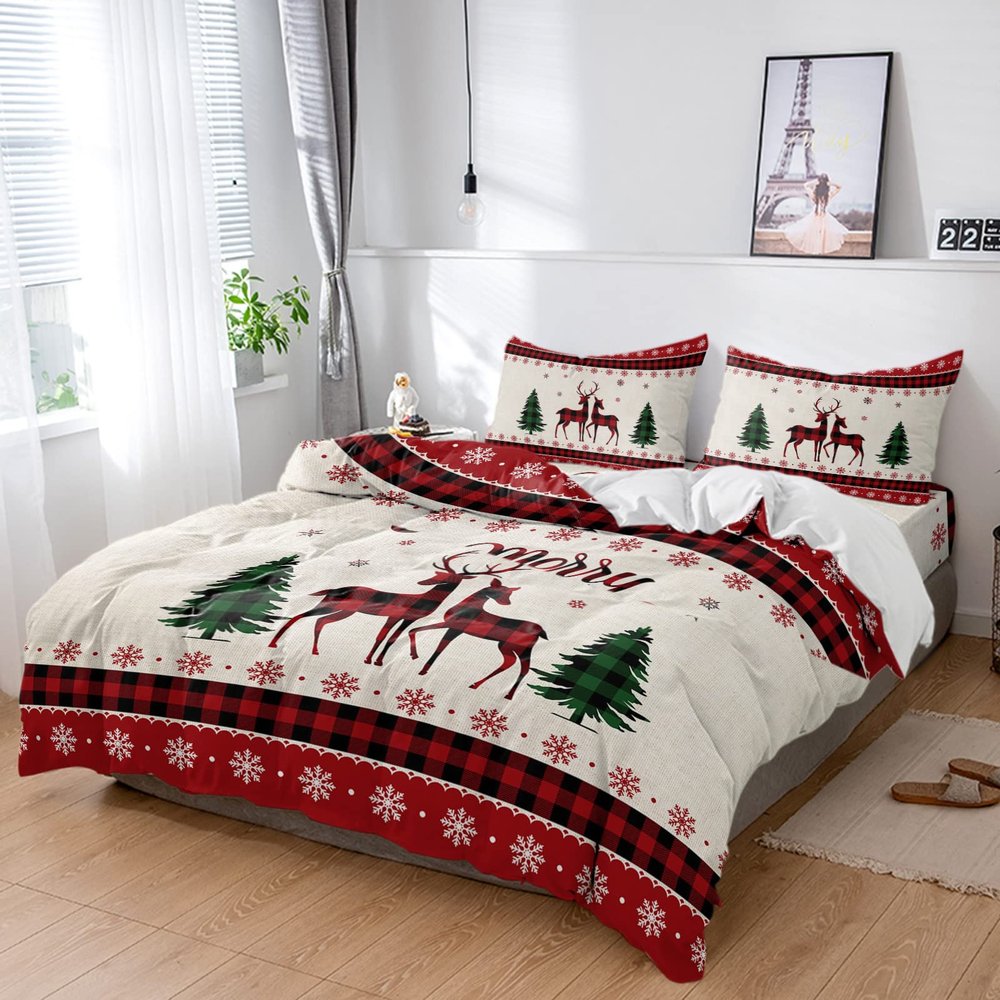 4 Piece Full Ethnic Christmas Deer Breathable Comforter Covers Ultra Soft Bed Sheet with Decoretive 2 Pillow Shams Bedding Collection Sets Xmas Animal Pine Tree Retro Linen Snowflake