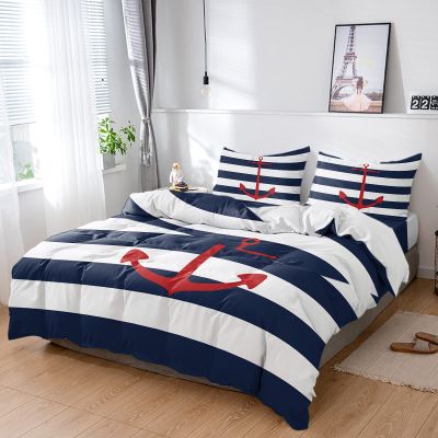 4 Piece California King Red Nautical Anchor Breathable Comforter Covers Ultra Soft Bed Sheet with Decoretive 2 Pillow Shams Bedding Collection Sets Modern Navy Blue White Stripes