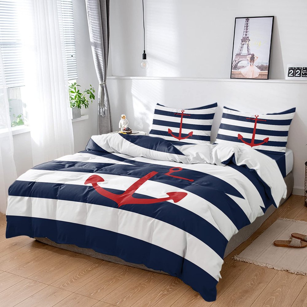 4 Piece California King Red Nautical Anchor Breathable Comforter Covers Ultra Soft Bed Sheet with Decoretive 2 Pillow Shams Bedding Collection Sets Modern Navy Blue White Stripes