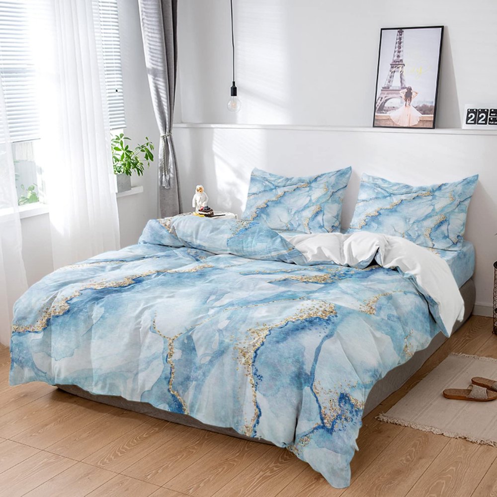 4 Piece Full Abstract Agate Marble Texture Breathable Comforter Covers Ultra Soft Bed Sheet with Decoretive 2 Pillow Shams Bedding Collection Sets Blue Grey Nature Stone