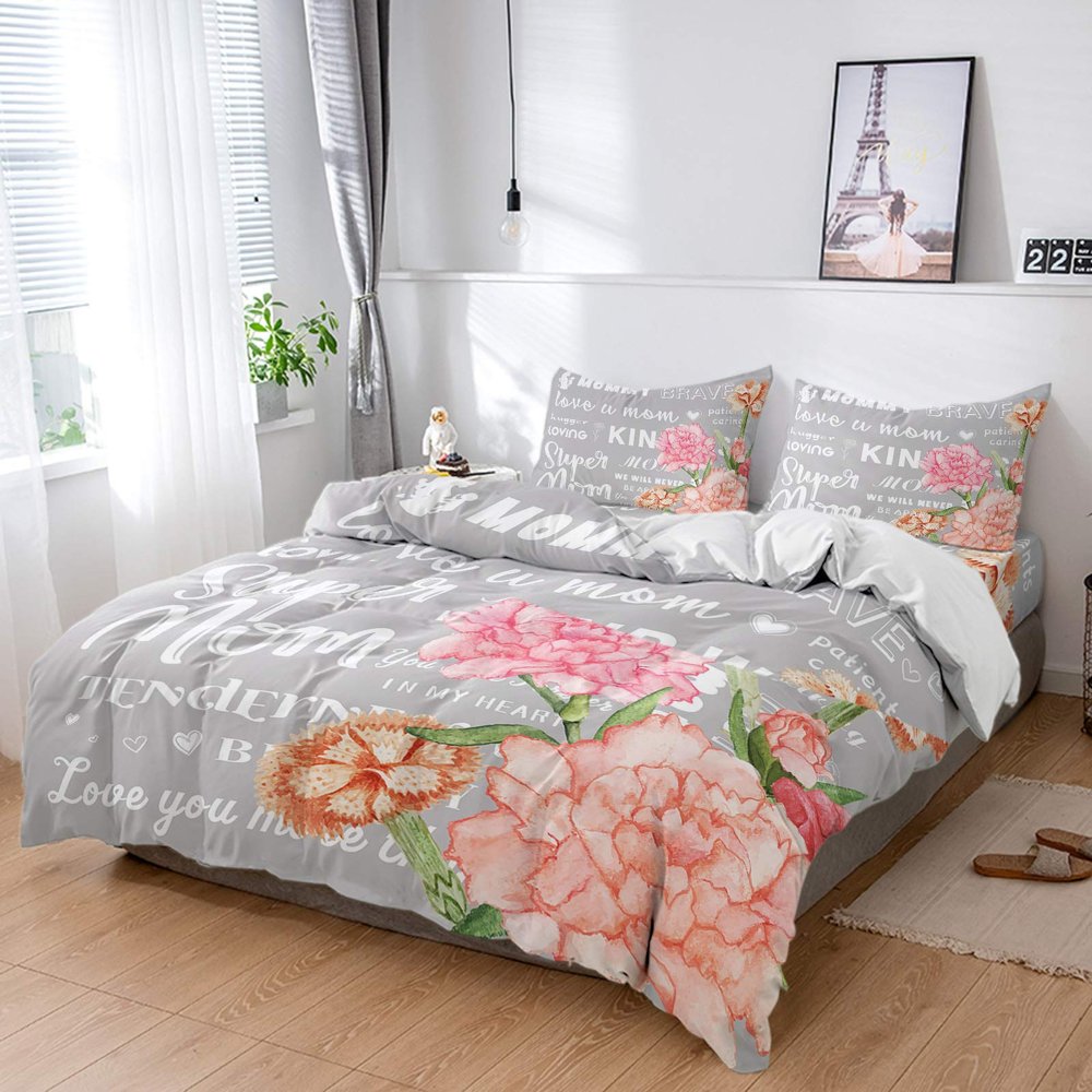 4 Piece California King Mother's Day Carnation Flower Cure Texts on Grey Breathable Comforter Covers Ultra Soft Bed Sheet with Decoretive 2 Pillow Shams Bedding Collection Sets Blossom Floral