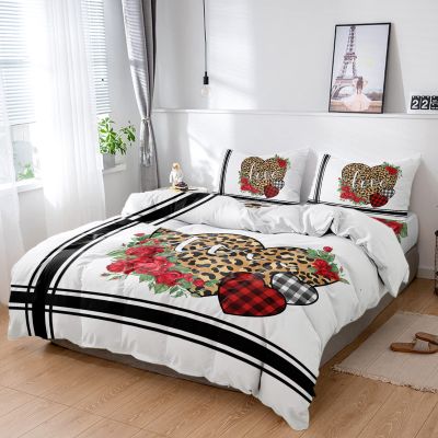 4 Piece Full Valentine's Day Love Breathable Comforter Covers Ultra Soft Bed Sheet with Decoretive 2 Pillow Shams Bedding Collection Sets Black Striped Leopard Skin Hearts