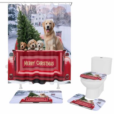 Chucoco 4 Pieces Shower Curtain Sets with Non-Slip Rug Farmhouse Truck Christmas Pine Tree Golden Retriever Dog, Toilet Lid Cover and Bath Mats, Snowy Forest Decorative Waterproof Bathroom Curtains