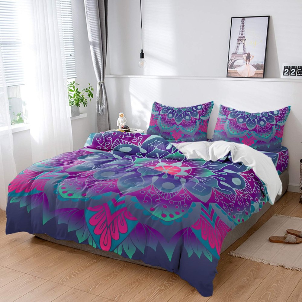 4 Piece California King Bohemian Blossom Mandala Flower Breathable Comforter Covers Ultra Soft Bed Sheet with Decoretive 2 Pillow Shams Bedding Collection Sets Purple Blue Floral