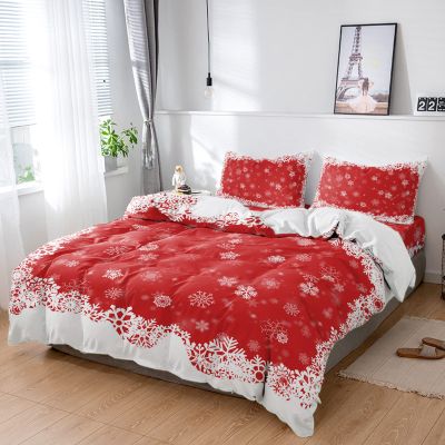 4 Piece Full Winter Christmas Snowflakes on Red Breathable Comforter Covers Ultra Soft Bed Sheet with Decoretive 2 Pillow Shams Bedding Collection Sets White Snow