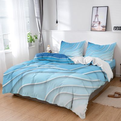 4 Piece California King Blue White Wave Ripple Color Striped Breathable Comforter Covers Ultra Soft Bed Sheet with Decoretive 2 Pillow Shams Bedding Collection Sets Modern Ocean Ombre