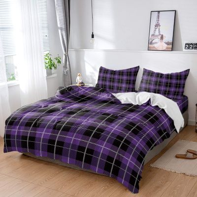 4 Piece California King Classic Purple Black Buffalo Grid Plaid Breathable Comforter Covers Ultra Soft Bed Sheet with Decoretive 2 Pillow Shams Bedding Collection Sets Chic Checker