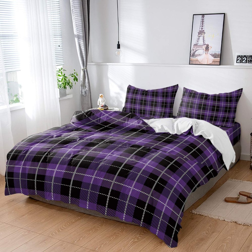 4 Piece California King Classic Purple Black Buffalo Grid Plaid Breathable Comforter Covers Ultra Soft Bed Sheet with Decoretive 2 Pillow Shams Bedding Collection Sets Chic Checker