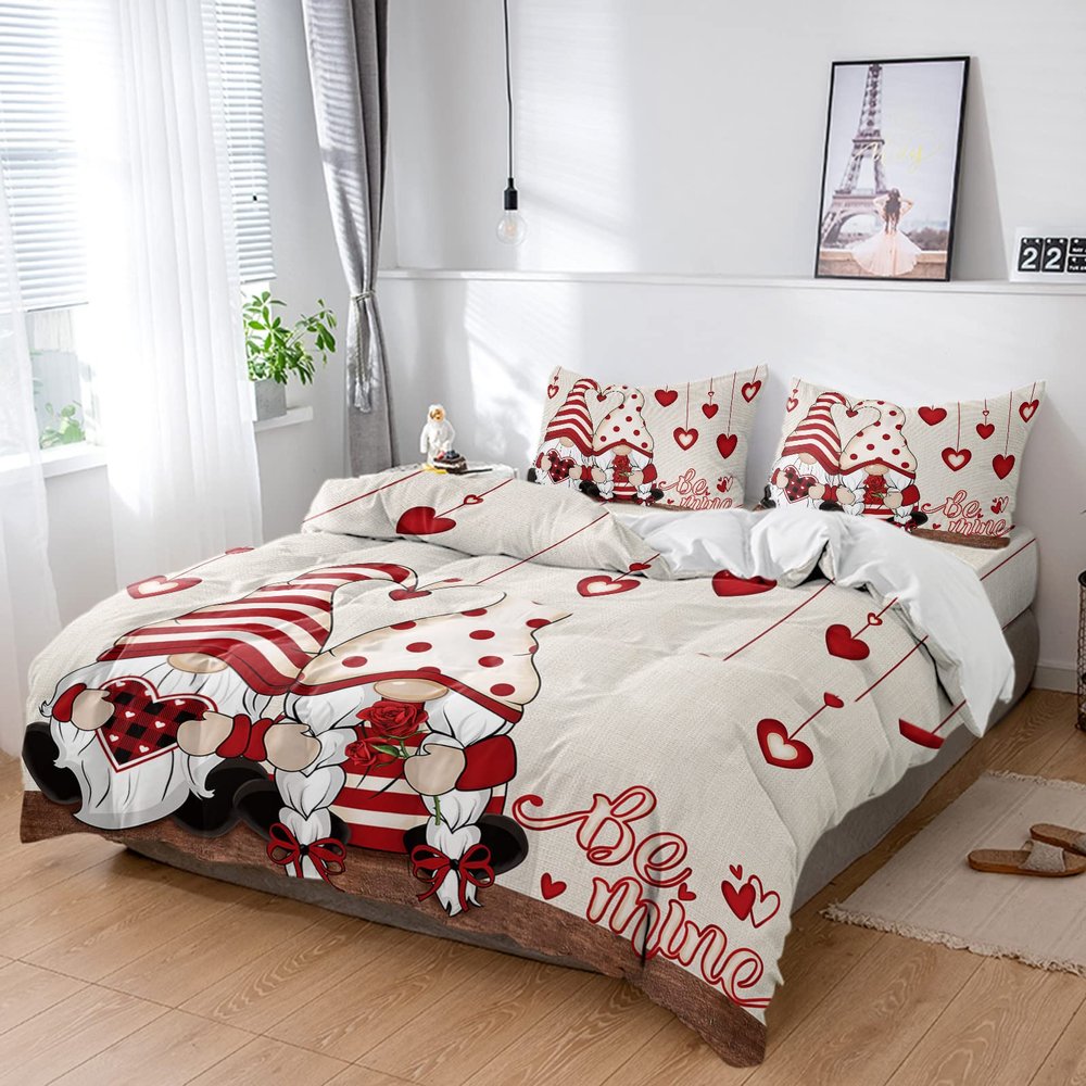 4 Piece Full Valentines Day Cute Gnome Buffalo Hearts Breathable Comforter Covers Ultra Soft Bed Sheet with Decoretive 2 Pillow Shams Bedding Collection Sets Red Love Wood Plank
