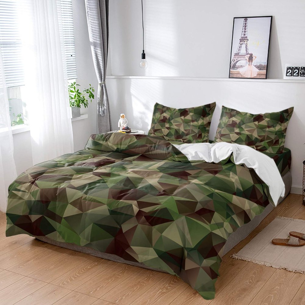 4 Piece Full Abstract Camouflage Geometric Breathable Comforter Covers Ultra Soft Bed Sheet with Decoretive 2 Pillow Shams Bedding Collection Sets Brown Green Army Jungle Camo