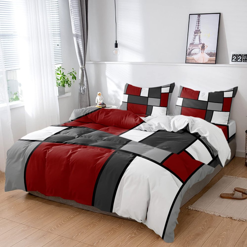 4 Piece California King Contemporary Burgundy Red Black White Squares Breathable Comforter Covers Ultra Soft Bed Sheet with Decoretive 2 Pillow Shams Bedding Collection Sets Geometric Abstract Art