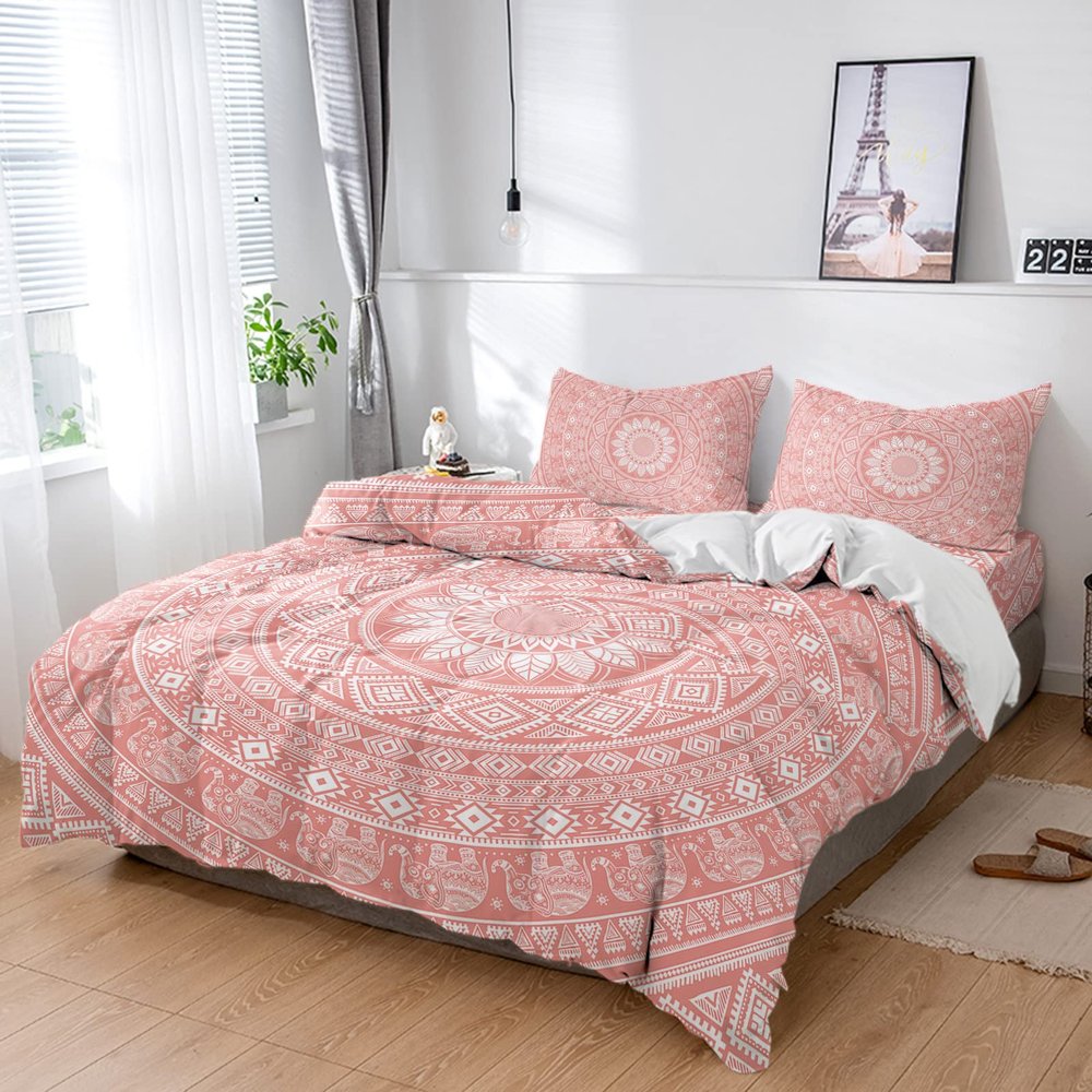 4 Piece California King Traditional Pink Bohemian Mandala Flower Breathable Comforter Covers Ultra Soft Bed Sheet with Decoretive 2 Pillow Shams Bedding Collection Sets Tribe Boho Floral