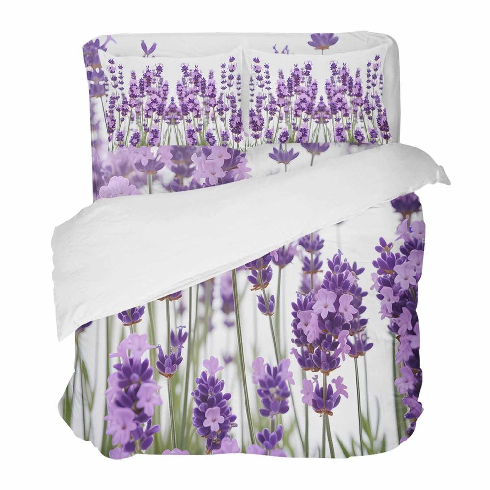 4 Piece California King Pastoral Purple Lavender Spring Blossom Floral Breathable Comforter Covers Ultra Soft Bed Sheet with Decoretive 2 Pillow Shams Bedding Collection Sets Natural Flower Field