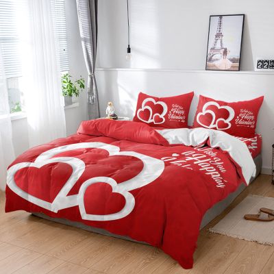 4 Piece Full Romantic Sweet Love Heart Breathable Comforter Covers Ultra Soft Bed Sheet with Decoretive 2 Pillow Shams Bedding Collection Sets Texts on Valentine Red