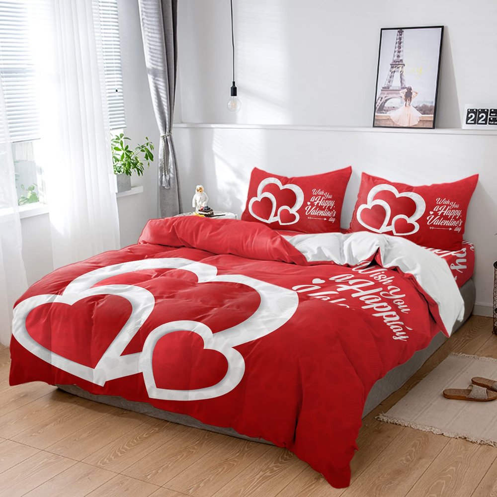 4 Piece Full Romantic Sweet Love Heart Breathable Comforter Covers Ultra Soft Bed Sheet with Decoretive 2 Pillow Shams Bedding Collection Sets Texts on Valentine Red