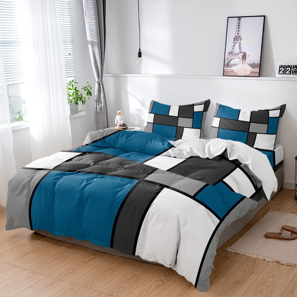 4 Piece Full Abstract Blue White Gray Geometric Squares Breathable Comforter Covers Ultra Soft Bed Sheet with Decoretive 2 Pillow Shams Bedding Collection Sets Modern Contemporary