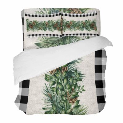 4 Piece California King Christmas Winter Pine Needle Cones Breathable Comforter Covers Ultra Soft Bed Sheet with Decoretive 2 Pillow Shams Bedding Collection Sets Classic Buffalo Check