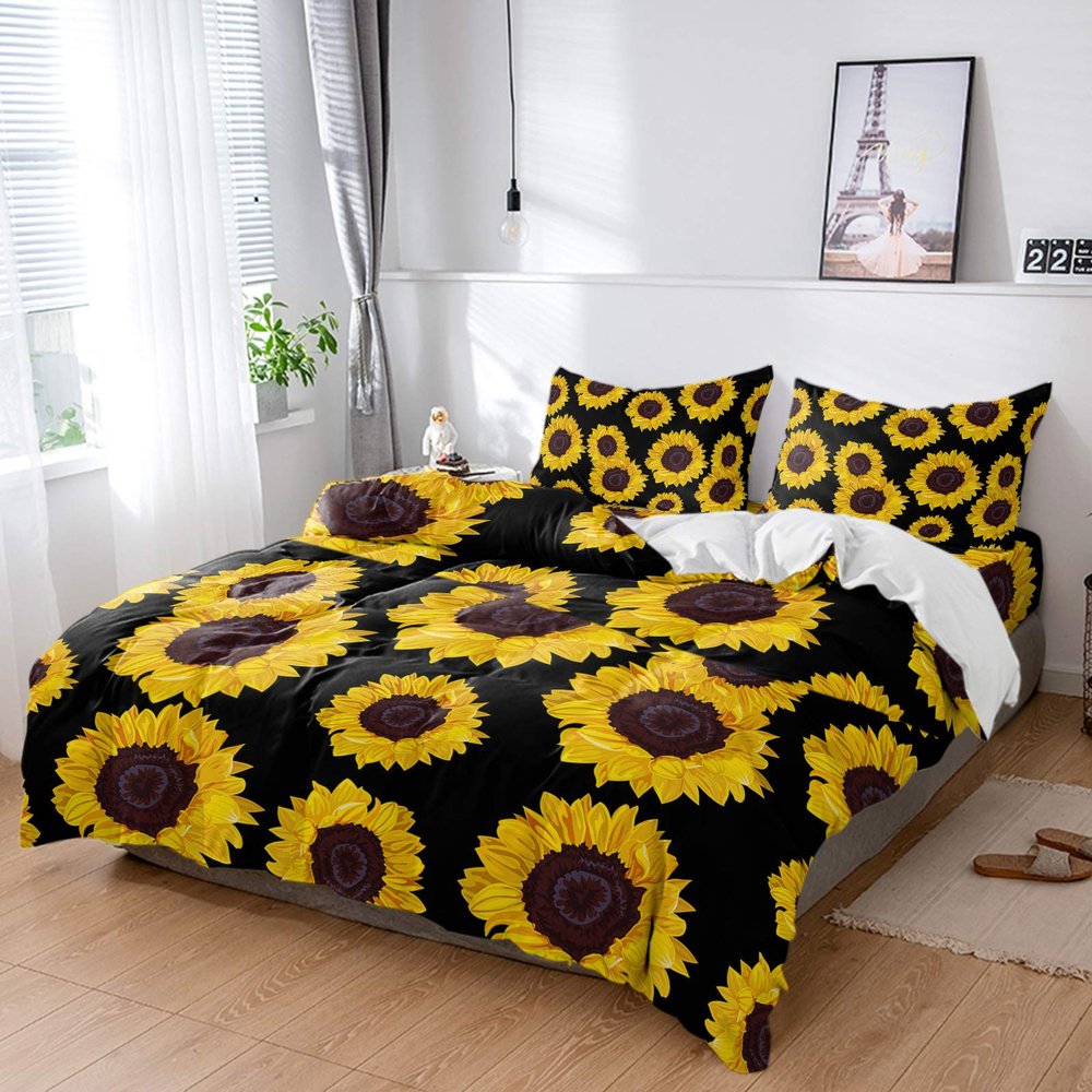 4 Piece California King Yellow Sunflowers Blossom Flower on Black Breathable Comforter Covers Ultra Soft Bed Sheet with Decoretive 2 Pillow Shams Bedding Collection Sets Farm Flowers