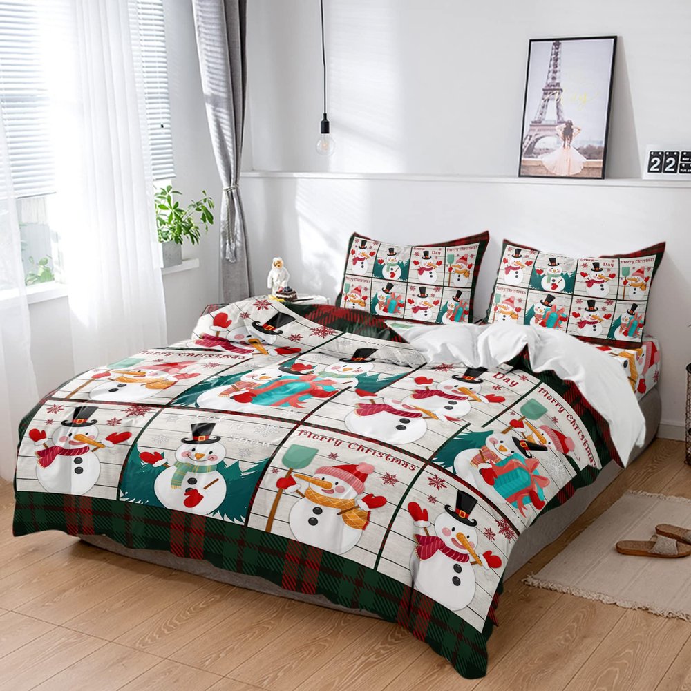 4 Piece California King Christmas Snowman Theme Plaid Breathable Comforter Covers Ultra Soft Bed Sheet with Decoretive 2 Pillow Shams Bedding Collection Sets Cartoon Xmas Snowmans Wood Grain