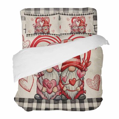 4 Piece California King Valentine Cute Gnome Red Love on Vintage Linen Breathable Comforter Covers Ultra Soft Bed Sheet with Decoretive 2 Pillow Shams Bedding Collection Sets Buffalo Check