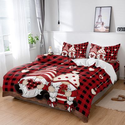 4 Piece Full Valentine Lovely Dwarf Romantic Love Hearts Breathable Comforter Covers Ultra Soft Bed Sheet with Decoretive 2 Pillow Shams Bedding Collection Sets Gnome and Buffalo Cheque
