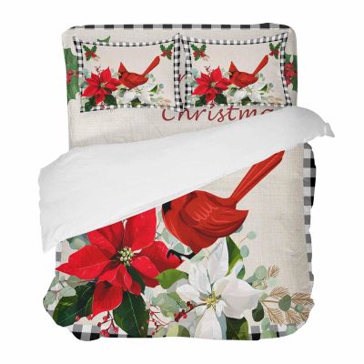 4 Piece Cali King Christmas Red Cardinal Blossoms Poinsettia Breathable Comforter Covers Ultra Soft Bed Sheet with Decoretive 2 Pillow Shams Bedding Collection Sets Xmas Leaf Berry Buffalo Plaid