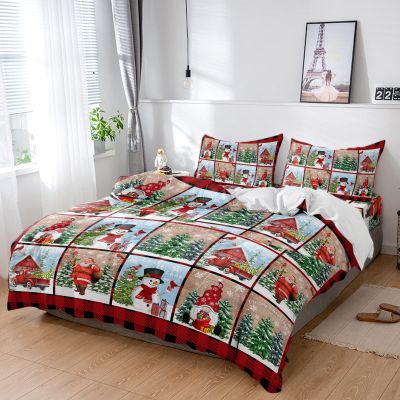 4 Piece California King Christmas Theme Plaid Breathable Comforter Covers Ultra Soft Bed Sheet with Decoretive 2 Pillow Shams Bedding Collection Sets Xmas Snowman Santa Claus Pine Tree Buffalo Grid