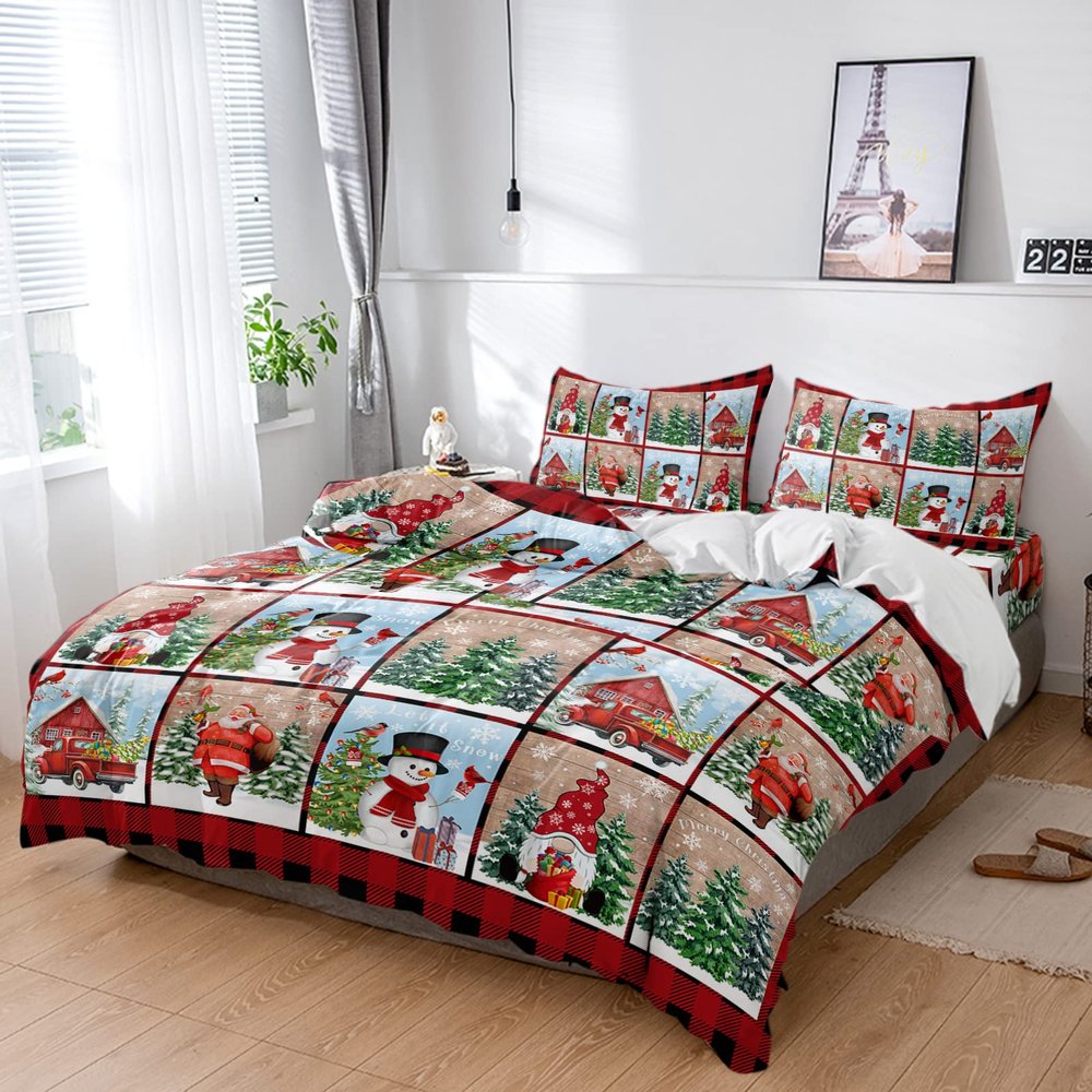 4 Piece California King Christmas Theme Plaid Breathable Comforter Covers Ultra Soft Bed Sheet with Decoretive 2 Pillow Shams Bedding Collection Sets Xmas Snowman Santa Claus Pine Tree Buffalo Grid