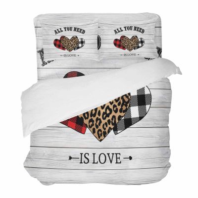 4 Piece California King Valentines Leopard Buffalo Plaid Love on Wood Plank Breathable Comforter Covers Ultra Soft Bed Sheet with Decoretive 2 Pillow Shams Bedding Collection Sets Red Black White