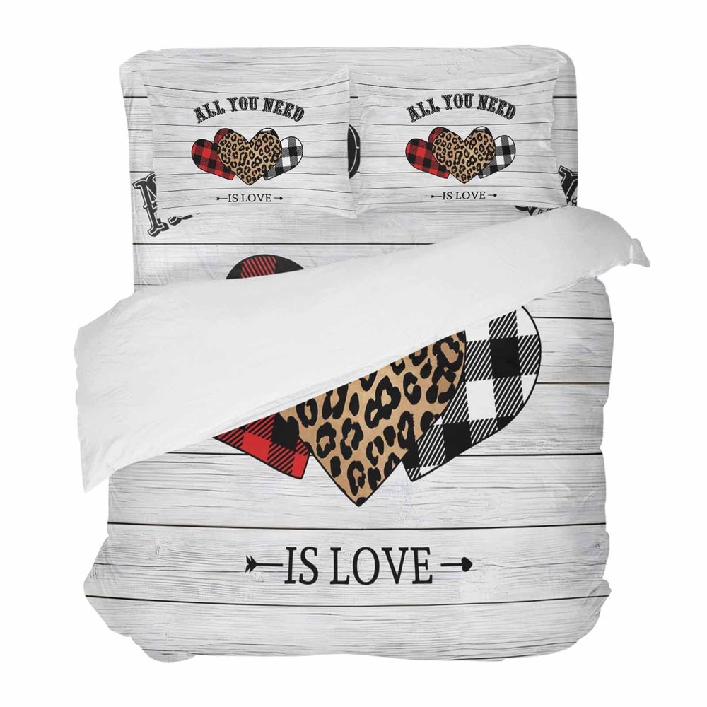 4 Piece California King Valentines Leopard Buffalo Plaid Love on Wood Plank Breathable Comforter Covers Ultra Soft Bed Sheet with Decoretive 2 Pillow Shams Bedding Collection Sets Red Black White