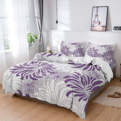 4 Piece Full Purple White Grey Chrysanthemum Flower Breathable Comforter Covers Ultra Soft Bed Sheet with Decoretive 2 Pillow Shams Bedding Collection Sets Minimalist Floral