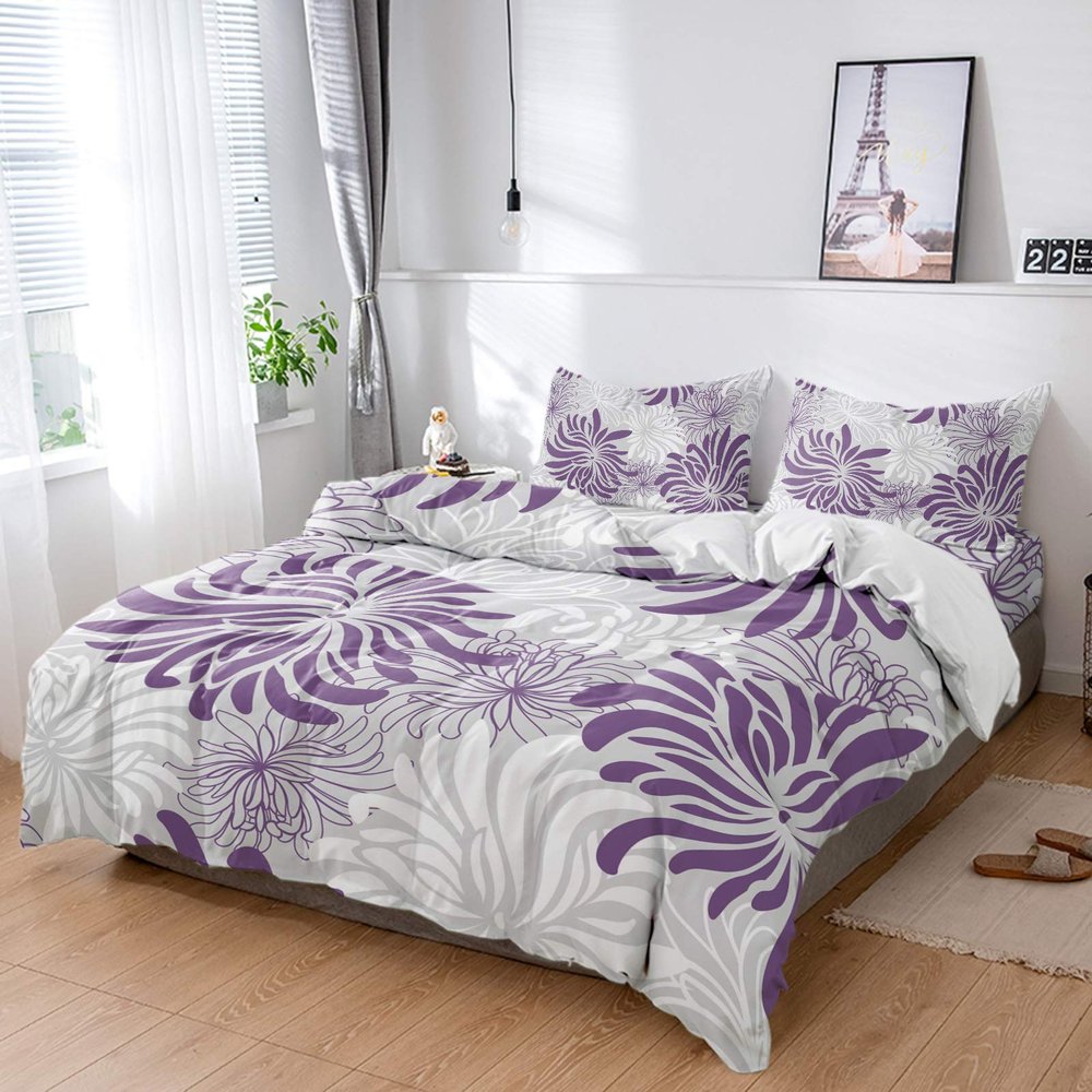 4 Piece Full Purple White Grey Chrysanthemum Flower Breathable Comforter Covers Ultra Soft Bed Sheet with Decoretive 2 Pillow Shams Bedding Collection Sets Minimalist Floral