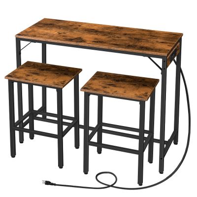 HOOBRO Bar Table and Chairs Set, 39.4" Dining Table Set with Power Outlet, 3-Piece Pub Table Set, Kitchen Bar Height Table with Stools of 2, Space Saving for Living Room, Rustic Brown BF45UBT01
