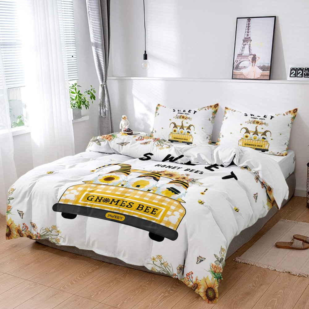 4 Piece California King Yellow Truck and Dwarf Breathable Comforter Covers Ultra Soft Bed Sheet with Decoretive 2 Pillow Shams Bedding Collection Sets Spring Blossom Sunflowers Boho Leaf