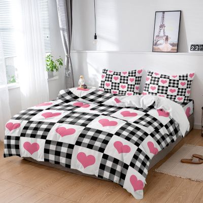 4 Piece Full Pink Love Hearts Valentines Sweet Plaid Breathable Comforter Covers Ultra Soft Bed Sheet with Decoretive 2 Pillow Shams Bedding Collection Sets Black White Buffalo Check