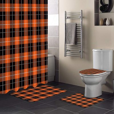 4 Pieces Shower Curtain Sets with Non-Slip Rug Fall Orange Black Buffalo Plaid, Toilet Lid Cover and Bath Mats, Chic Grid Gingham Decorative Waterproof Bathroom Curtains