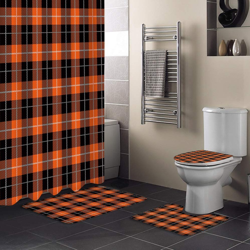4 Pieces Shower Curtain Sets with Non-Slip Rug Fall Orange Black Buffalo Plaid, Toilet Lid Cover and Bath Mats, Chic Grid Gingham Decorative Waterproof Bathroom Curtains