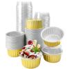 100Pcs Aluminum Cups with Lids,5oz Disposable Ramekin Baking Cups Muffin Liners Mini Pie Pans Foil Cupcake Containers for Christmas Party Wedding Party,Gold view 1