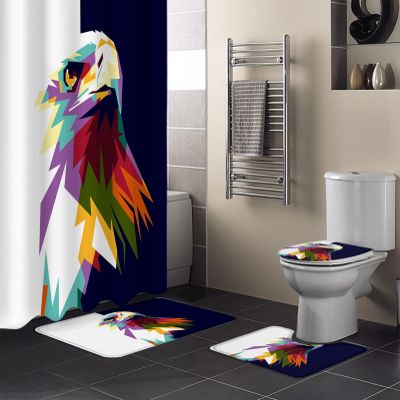 4 Pieces Shower Curtain Sets with Non-Slip Rug Watercolor Eagle Animals, Toilet Lid Cover and Bath Mats, Black White Color Blocks Decorative Waterproof Bathroom Curtains
