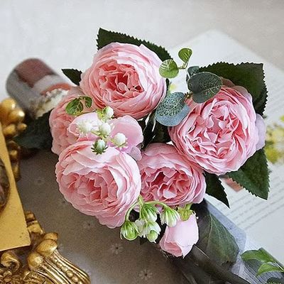 HXSCOO Peony Artificial Rose Flowers Wedding Decoration Silk Flowers Bouquet White Peony Red Rose Fake Flowers (Color : Pink)