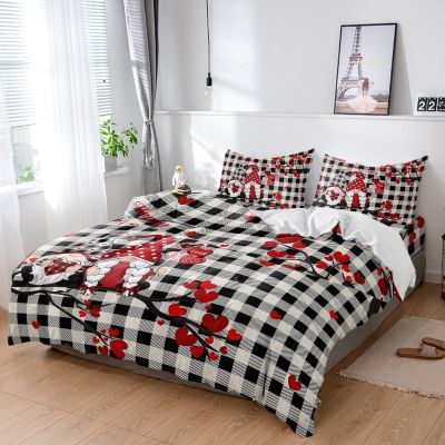 4 Piece California King Valentines Cute Gnomes on Branch Breathable Comforter Covers Ultra Soft Bed Sheet with Decoretive 2 Pillow Shams Bedding Collection Sets Hearts Tree Black White Buffalo Plaid